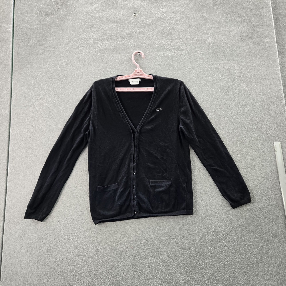 Lacoste Women Sweater 36 Black Logo Embroidery Cardigan Classic Button